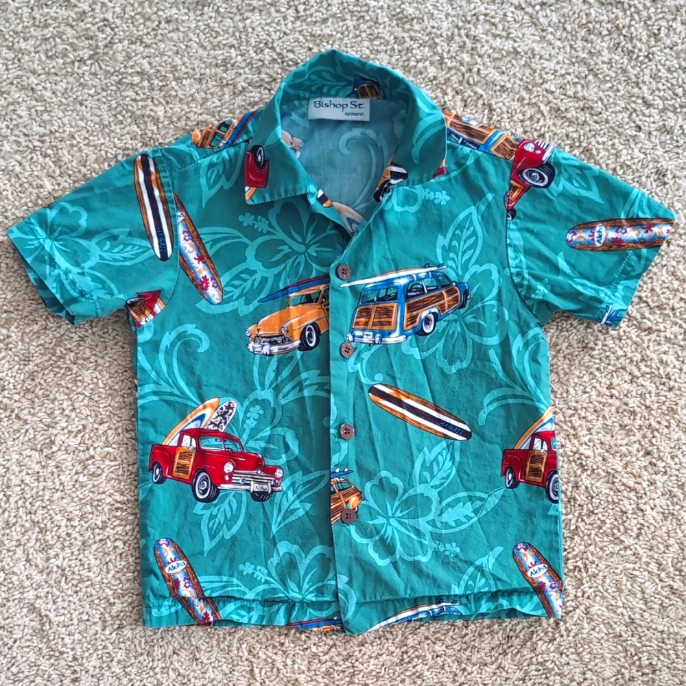 Kids Teal Surfboard & Car Hawaiian Shirt